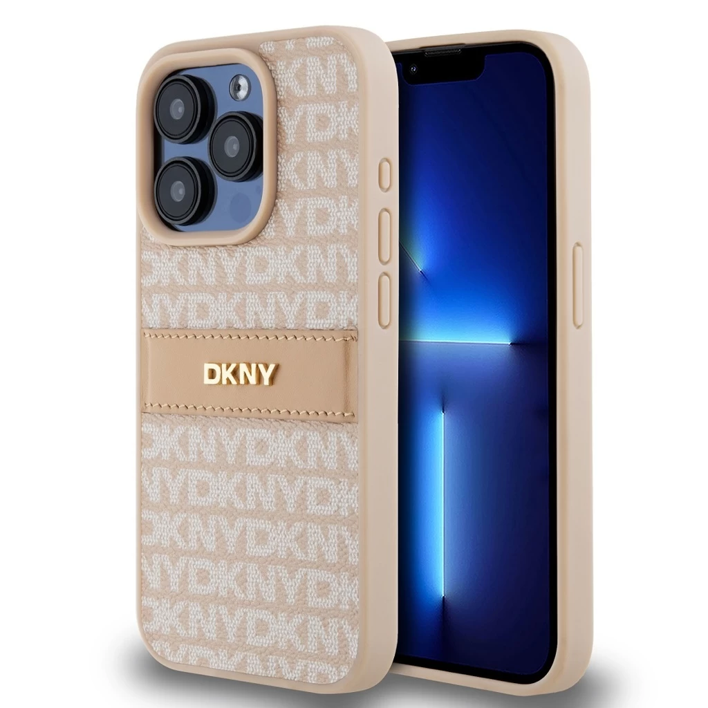 DKNY PU Leather Repeat Pattern Tonal Stripe tok iPhone 14 Pro Max készülékhez rózsaszín