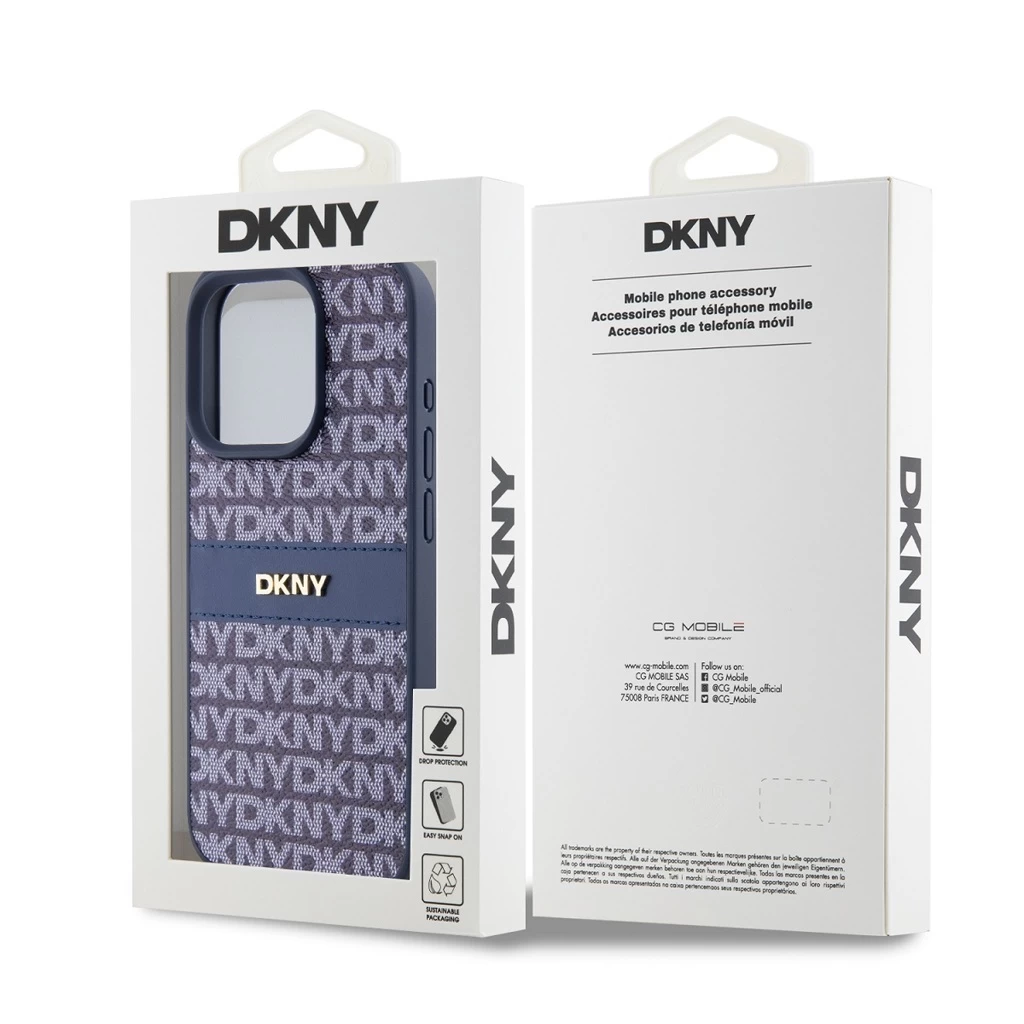 DKNY PU bőr Repeat Pattern Tonal Stripe tok iPhone 14 Pro Max készülékhez kék