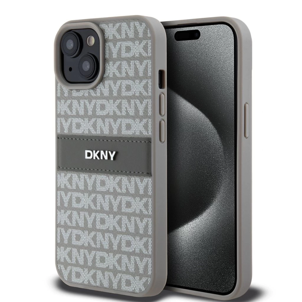 DKNY PU Leather Repeat Pattern Tonal Stripe tok iPhone 15 készülékhez bézs