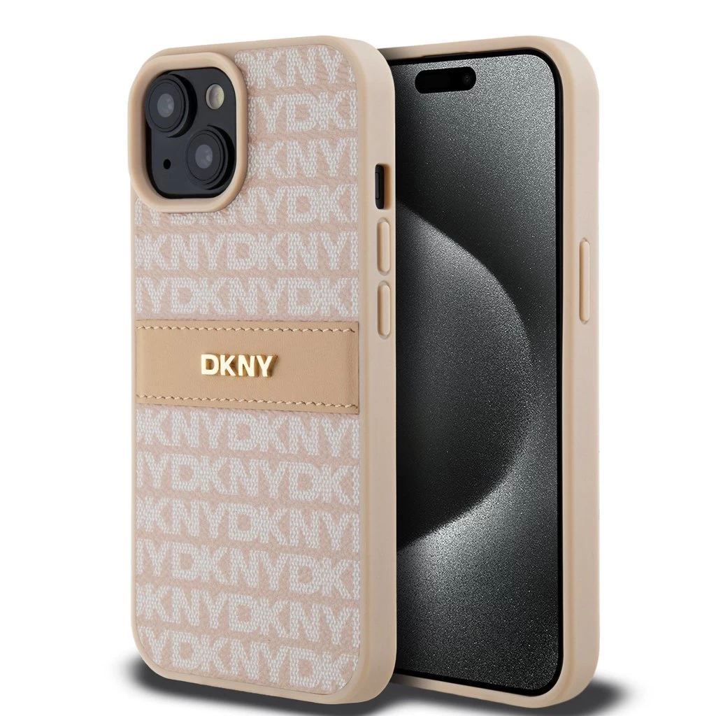 DKNY PU bőr Repeat Pattern Tonal Stripe tok iPhone 15 készülékhez rózsaszín
