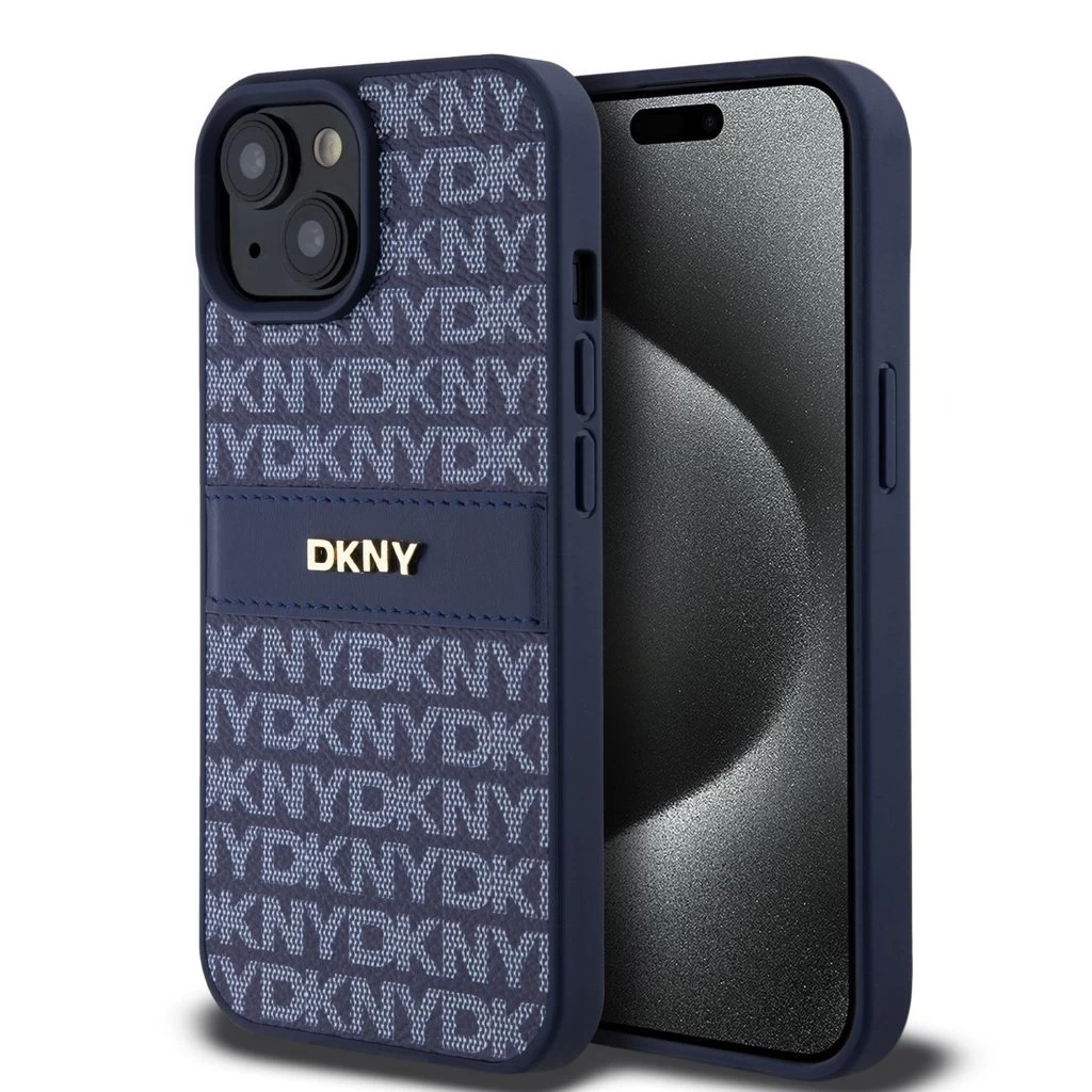 DKNY PU Leather Repeat Pattern Tonal Stripe tok iPhone 15 készülékhez kék