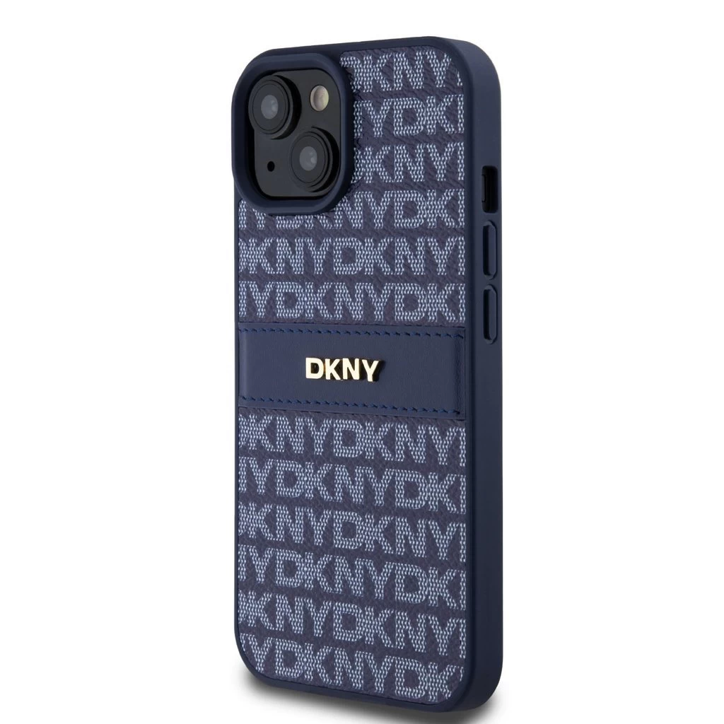 DKNY PU Leather Repeat Pattern Tonal Stripe tok iPhone 15 készülékhez kék
