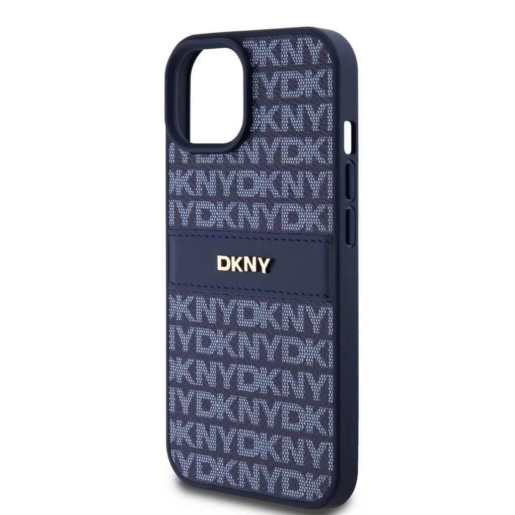 DKNY PU Leather Repeat Pattern Tonal Stripe tok iPhone 15 készülékhez kék