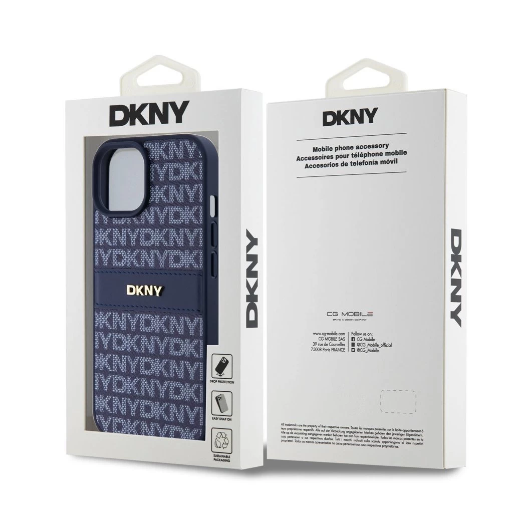 DKNY PU Leather Repeat Pattern Tonal Stripe tok iPhone 15 készülékhez kék