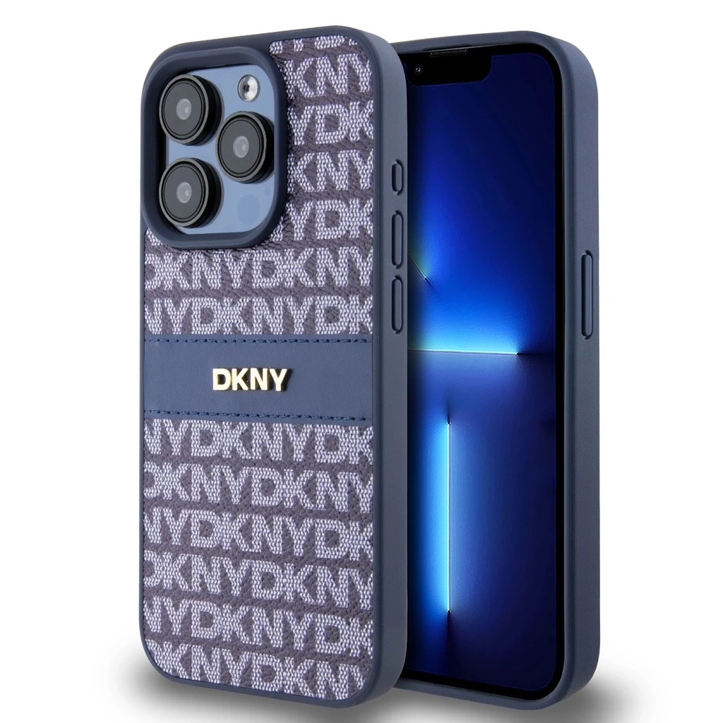 DKNY PU Leather Repeat Pattern Tonal Stripe tok iPhone 15 Pro készülékhez kék