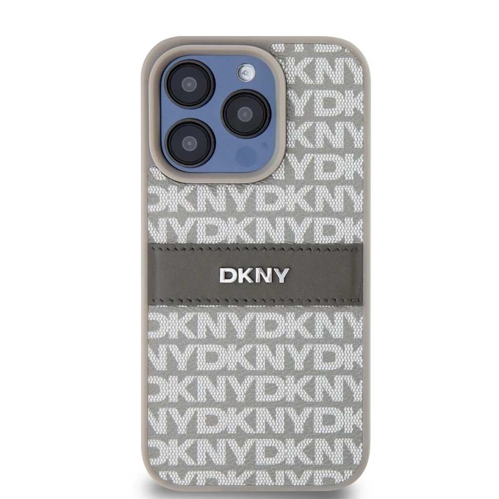 DKNY PU Leather Repeat Pattern Tonal Stripe tok iPhone 15 Pro készülékhez bézs