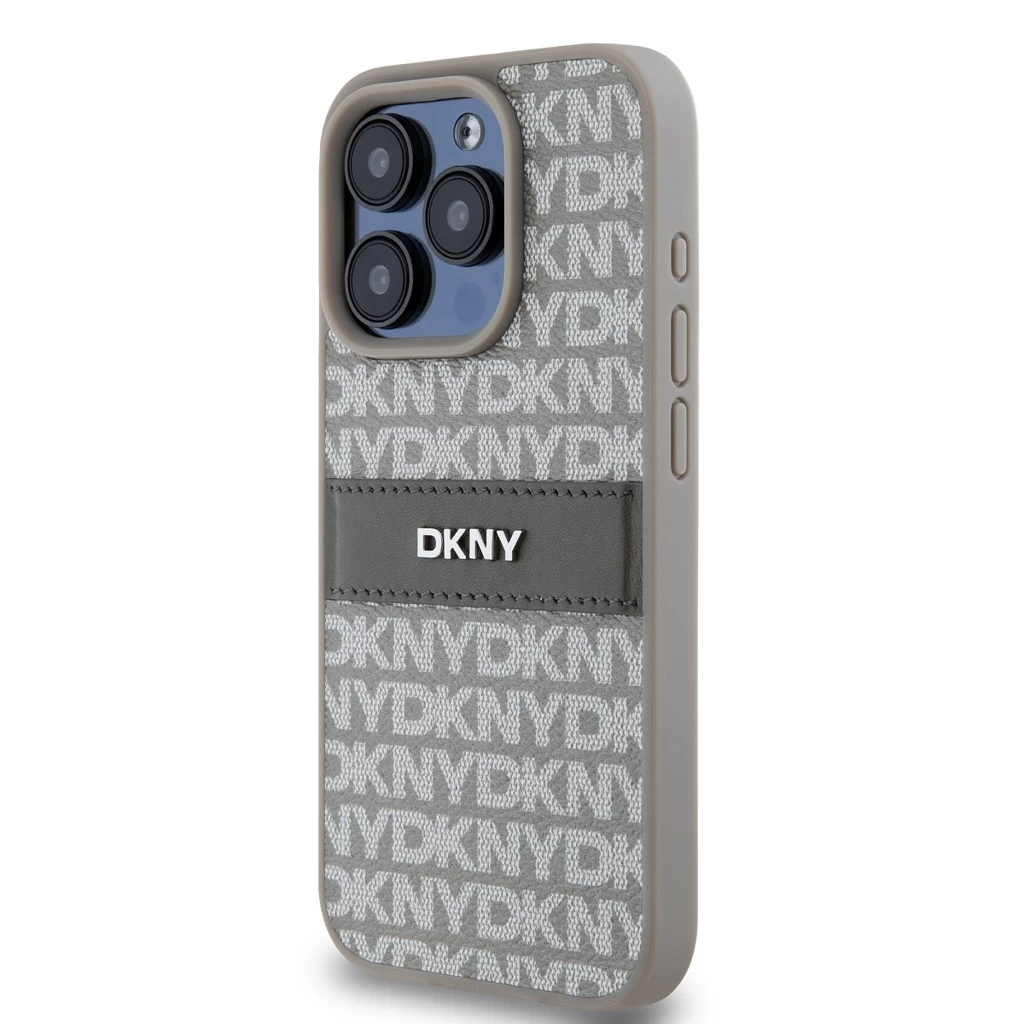 DKNY PU Leather Repeat Pattern Tonal Stripe tok iPhone 15 Pro készülékhez bézs