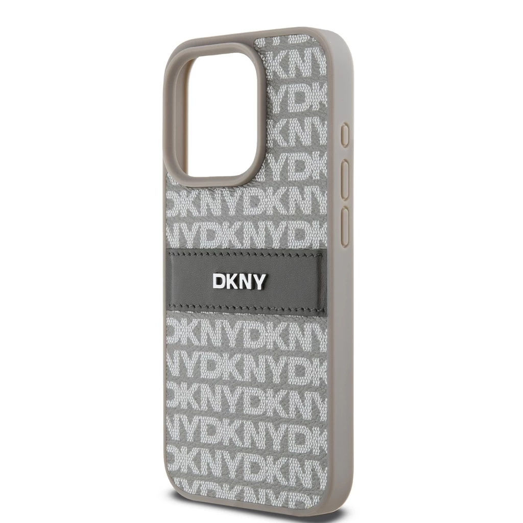 DKNY PU Leather Repeat Pattern Tonal Stripe tok iPhone 15 Pro készülékhez bézs