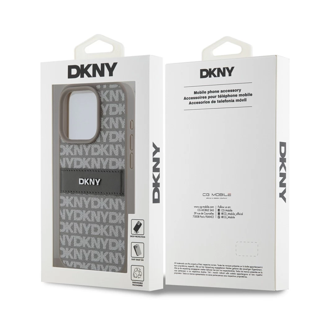 DKNY PU Leather Repeat Pattern Tonal Stripe tok iPhone 15 Pro készülékhez bézs