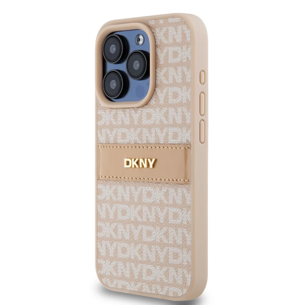 DKNY PU Leather Repeat Pattern Tonal Stripe tok iPhone 15 Pro Max készülékhez rózsaszín