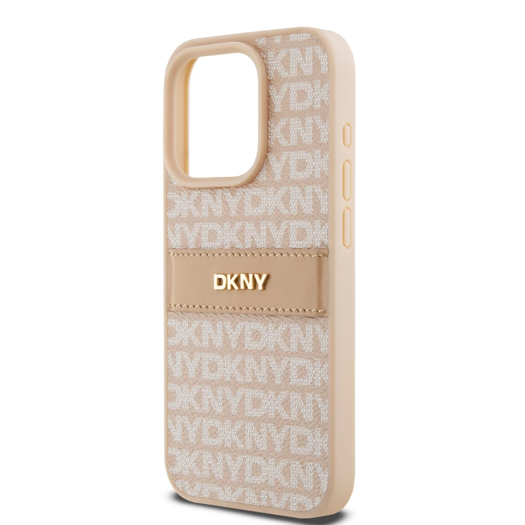 DKNY PU Leather Repeat Pattern Tonal Stripe tok iPhone 15 Pro Max készülékhez rózsaszín