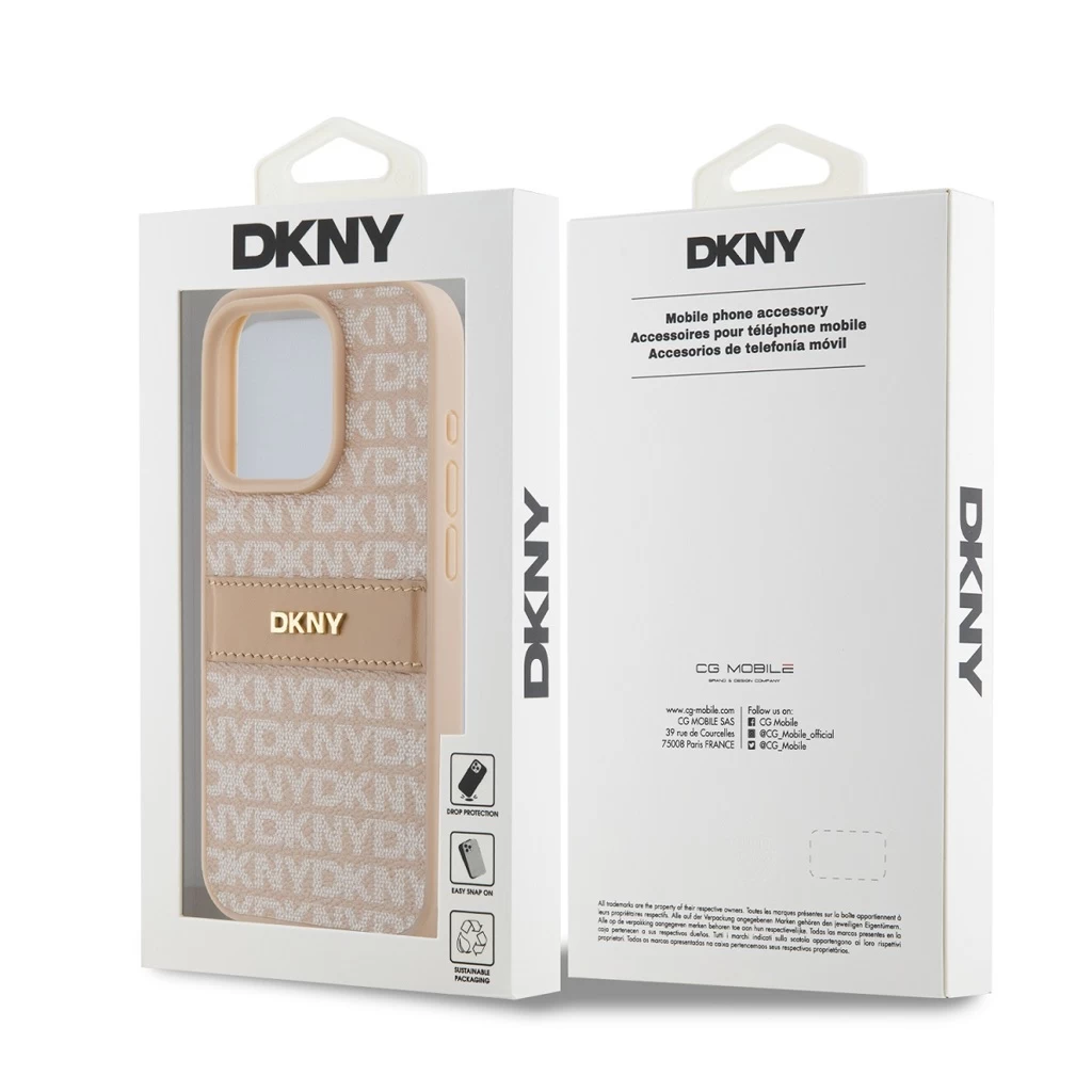 DKNY PU Leather Repeat Pattern Tonal Stripe tok iPhone 15 Pro Max készülékhez rózsaszín