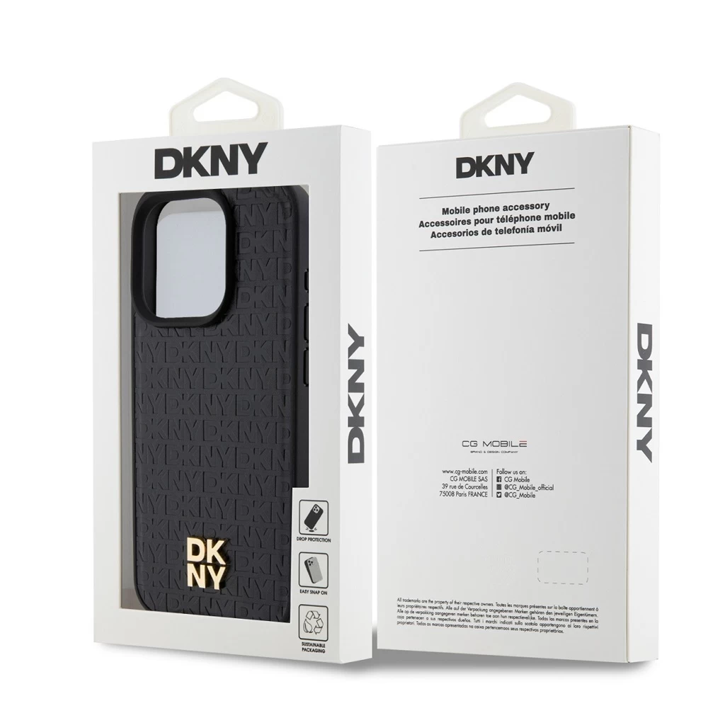 DKNY PU Leather Repeat Pattern Stack Logo MagSafe tok iPhone 12/12 Pro készülékhez fekete