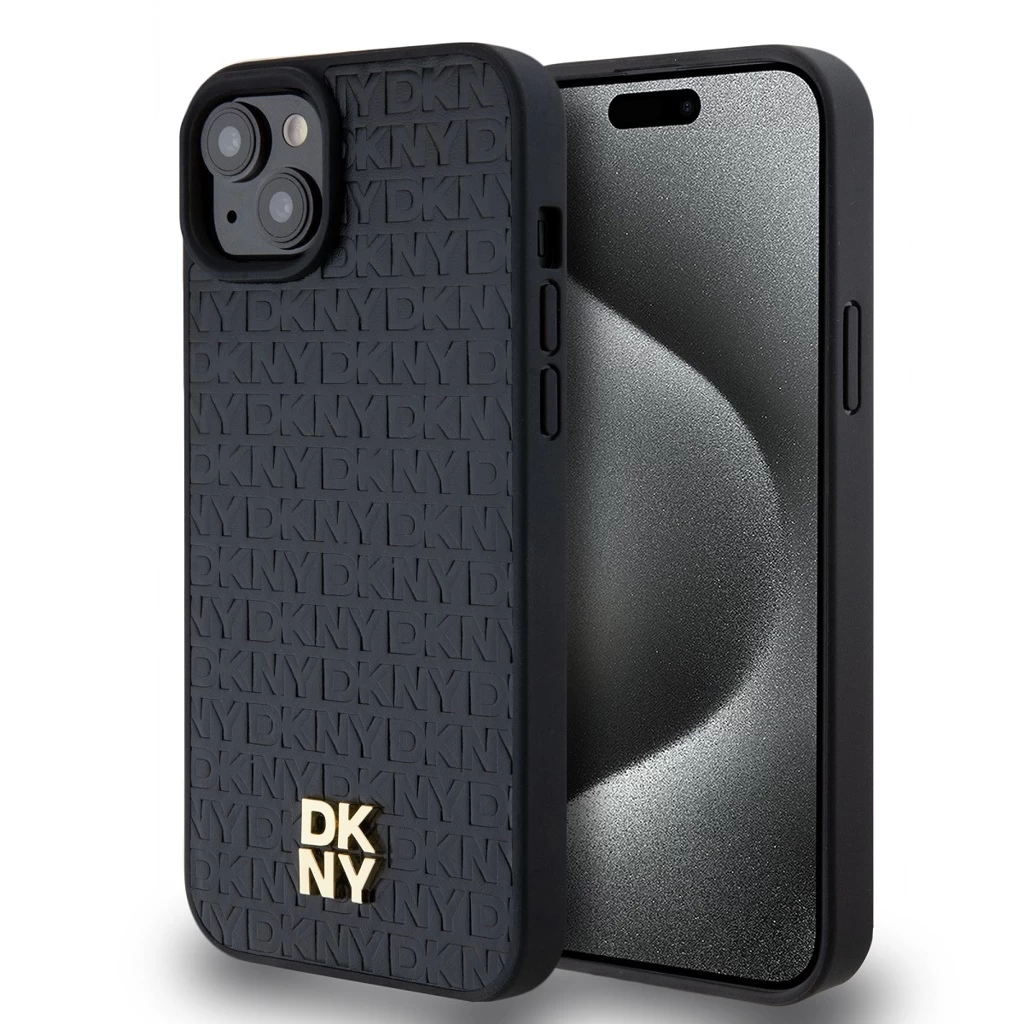 DKNY PU Leather Repeat Pattern Stack Logo MagSafe tok iPhone 13 készülékhez fekete