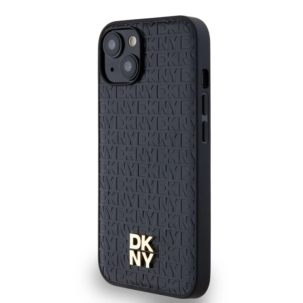 DKNY PU Leather Repeat Pattern Stack Logo MagSafe tok iPhone 15 készülékhez fekete