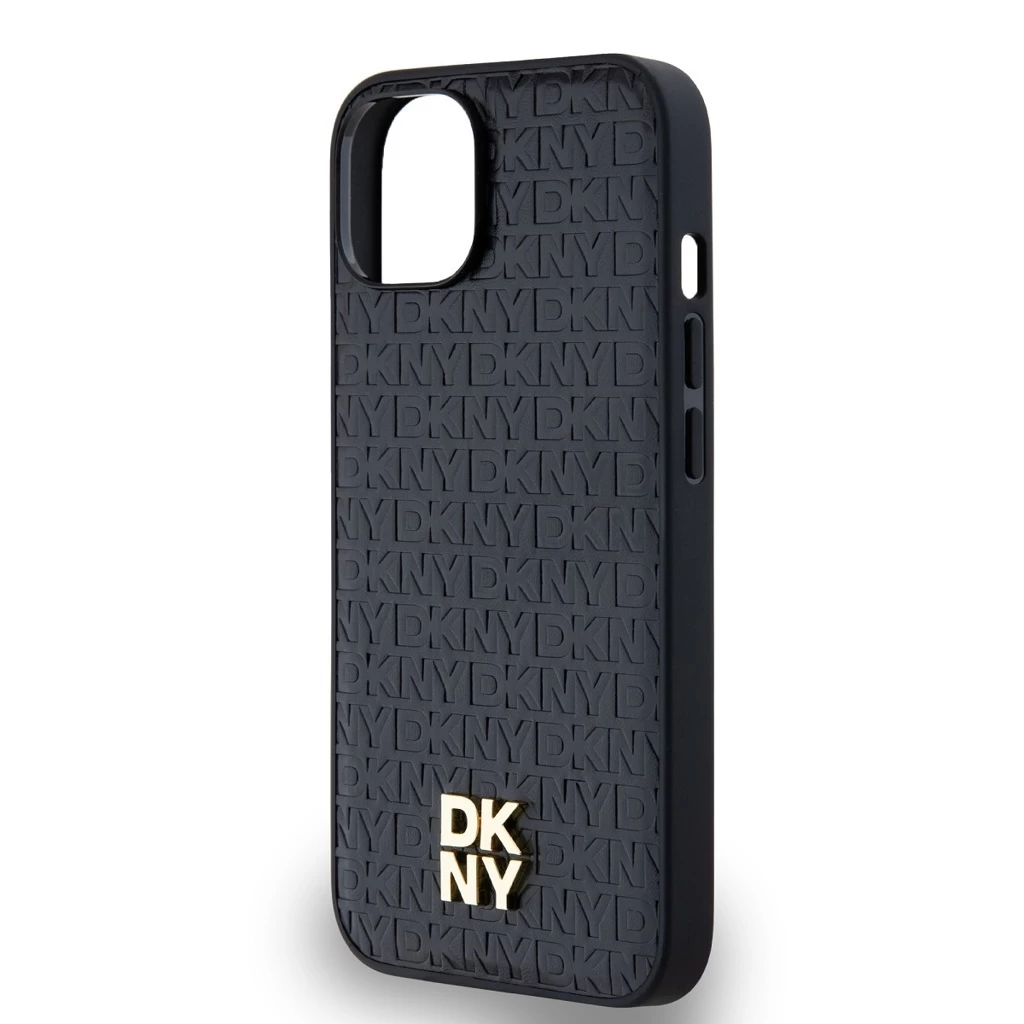DKNY PU Leather Repeat Pattern Stack Logo MagSafe tok iPhone 15 készülékhez fekete