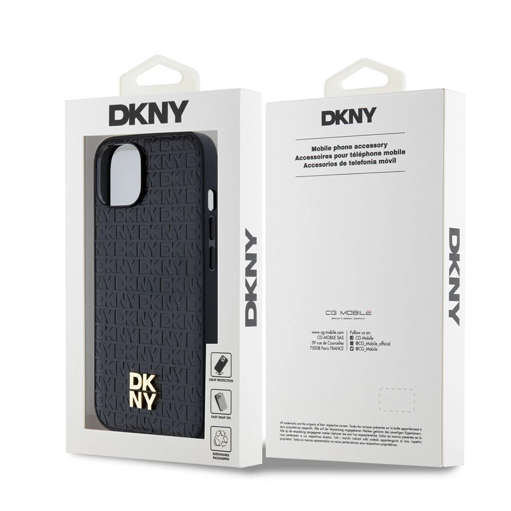 DKNY PU Leather Repeat Pattern Stack Logo MagSafe tok iPhone 15 készülékhez fekete