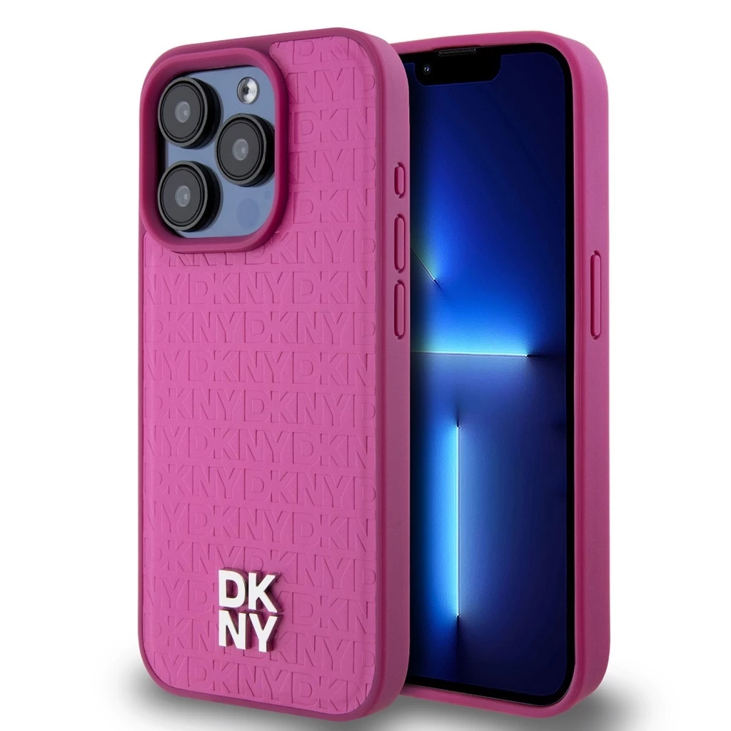 DKNY PU Leather Repeat Pattern Stack Logo MagSafe tok iPhone 15 Pro készülékhez rózsaszín