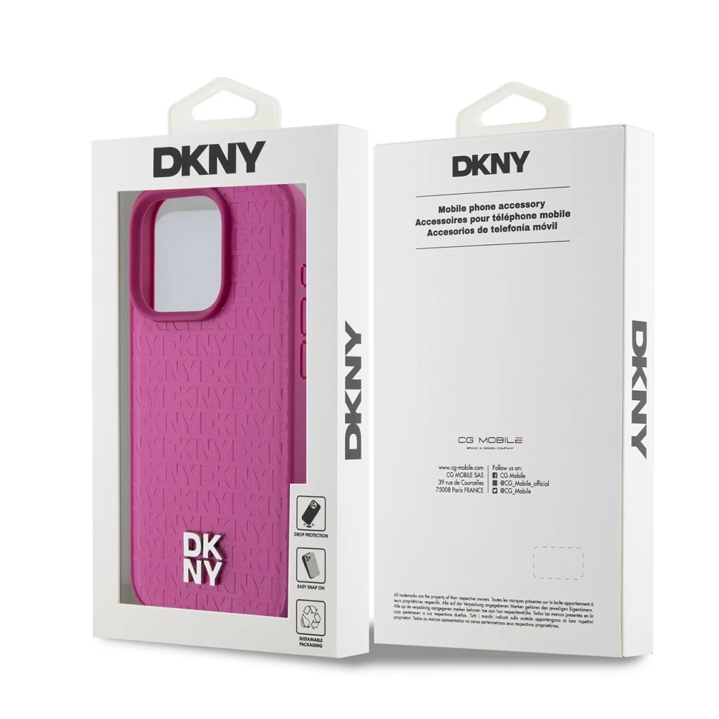 DKNY PU Leather Repeat Pattern Stack Logo MagSafe tok iPhone 15 Pro készülékhez rózsaszín