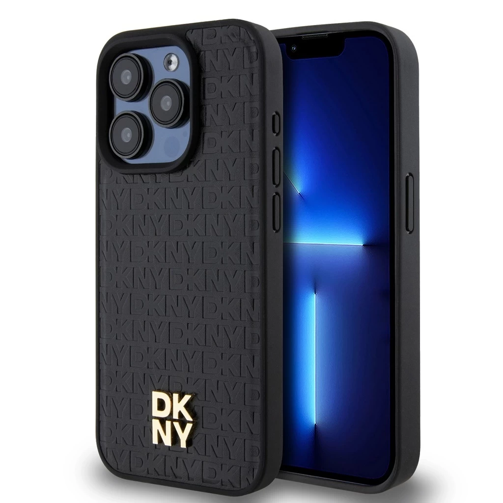 DKNY PU bőr Repeat Pattern Stack Logo MagSafe tok iPhone 15 Pro Max készülékhez fekete