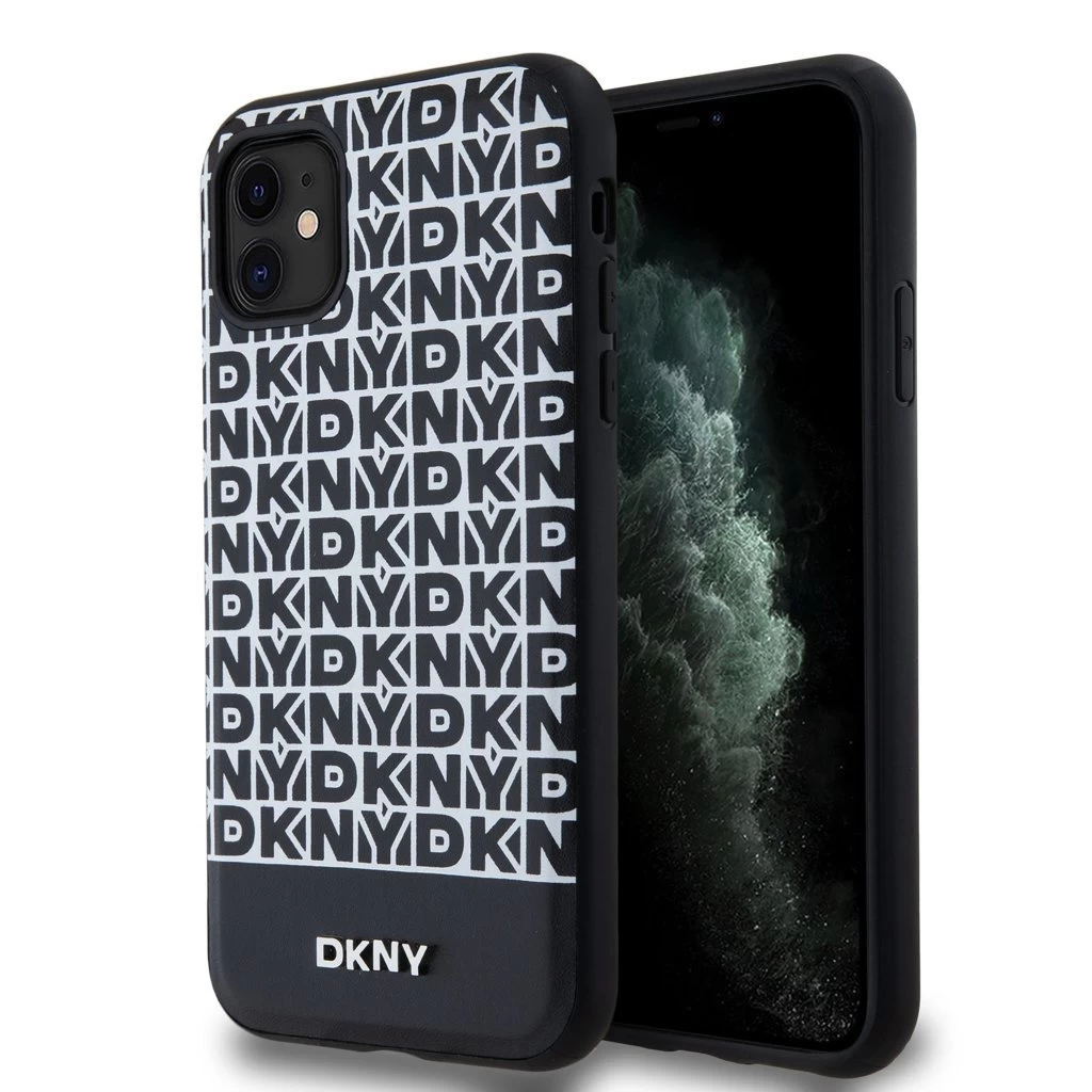 DKNY PU Leather Repeat Pattern Bottom Stripe MagSafe tok iPhone 11 készülékhez fekete