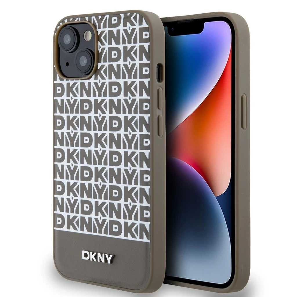 DKNY PU bőr ismétlődő mintás alsó csíkkal MagSafe tok iPhone 13 készülékhez barna