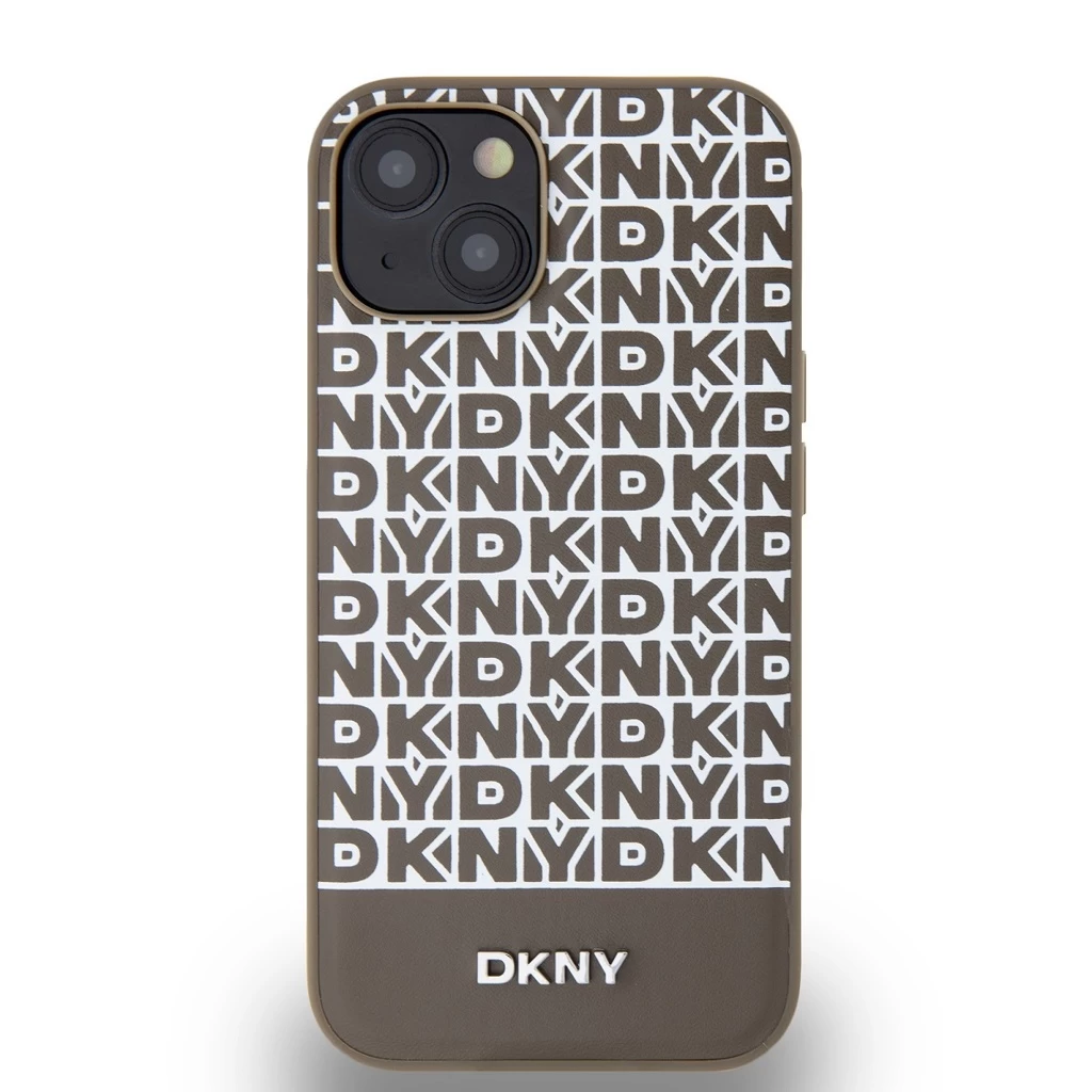 DKNY PU bőr ismétlődő mintás alsó csíkkal MagSafe tok iPhone 13 készülékhez barna