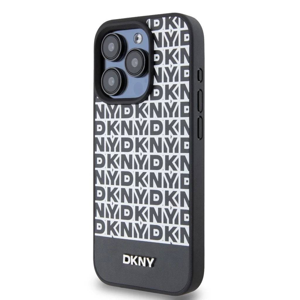 DKNY PU Leather Repeat Pattern Bottom Stripe MagSafe tok iPhone 13 Pro készülékhez fekete