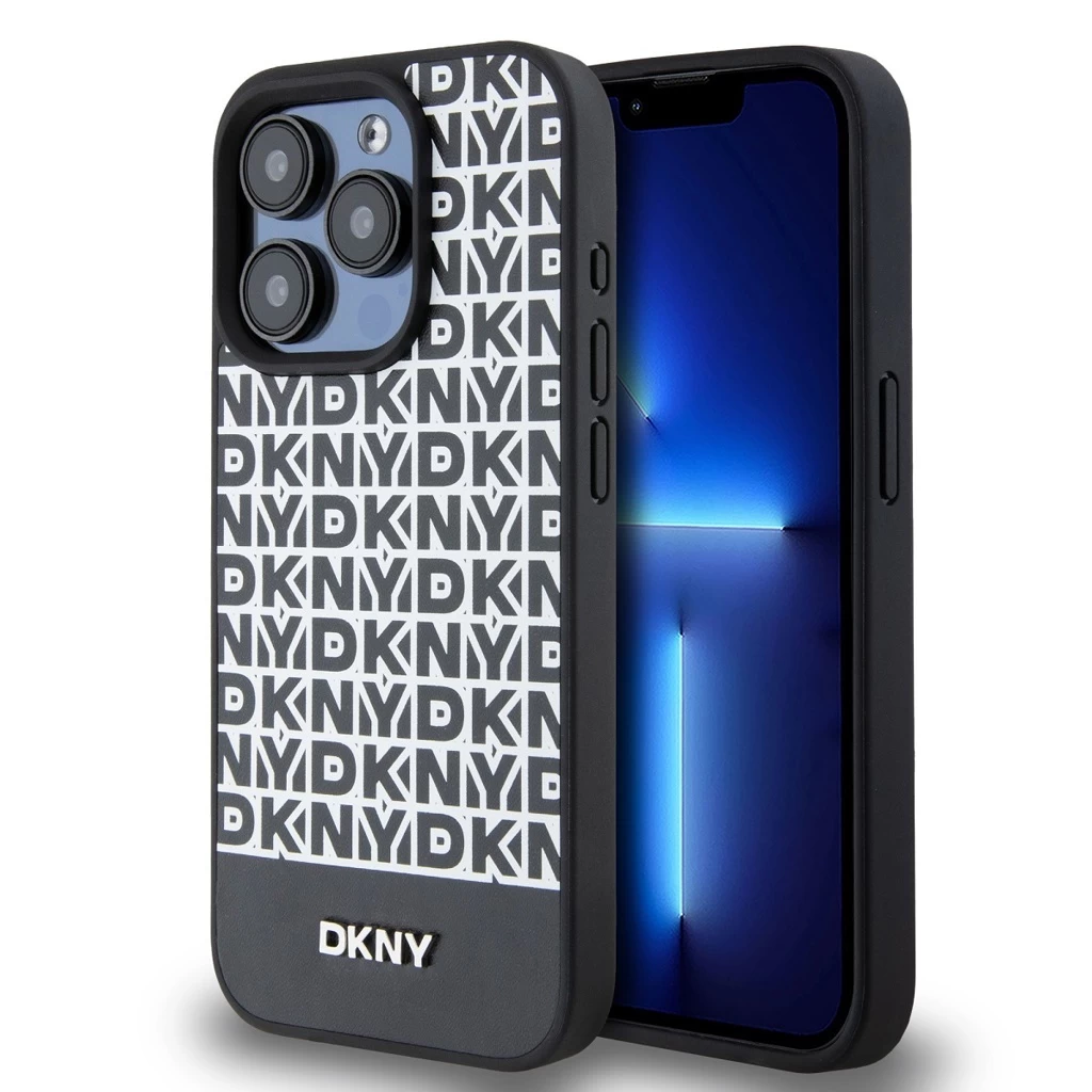 DKNY PU Leather Repeat Pattern Bottom Stripe MagSafe tok iPhone 14 Pro Max készülékhez fekete