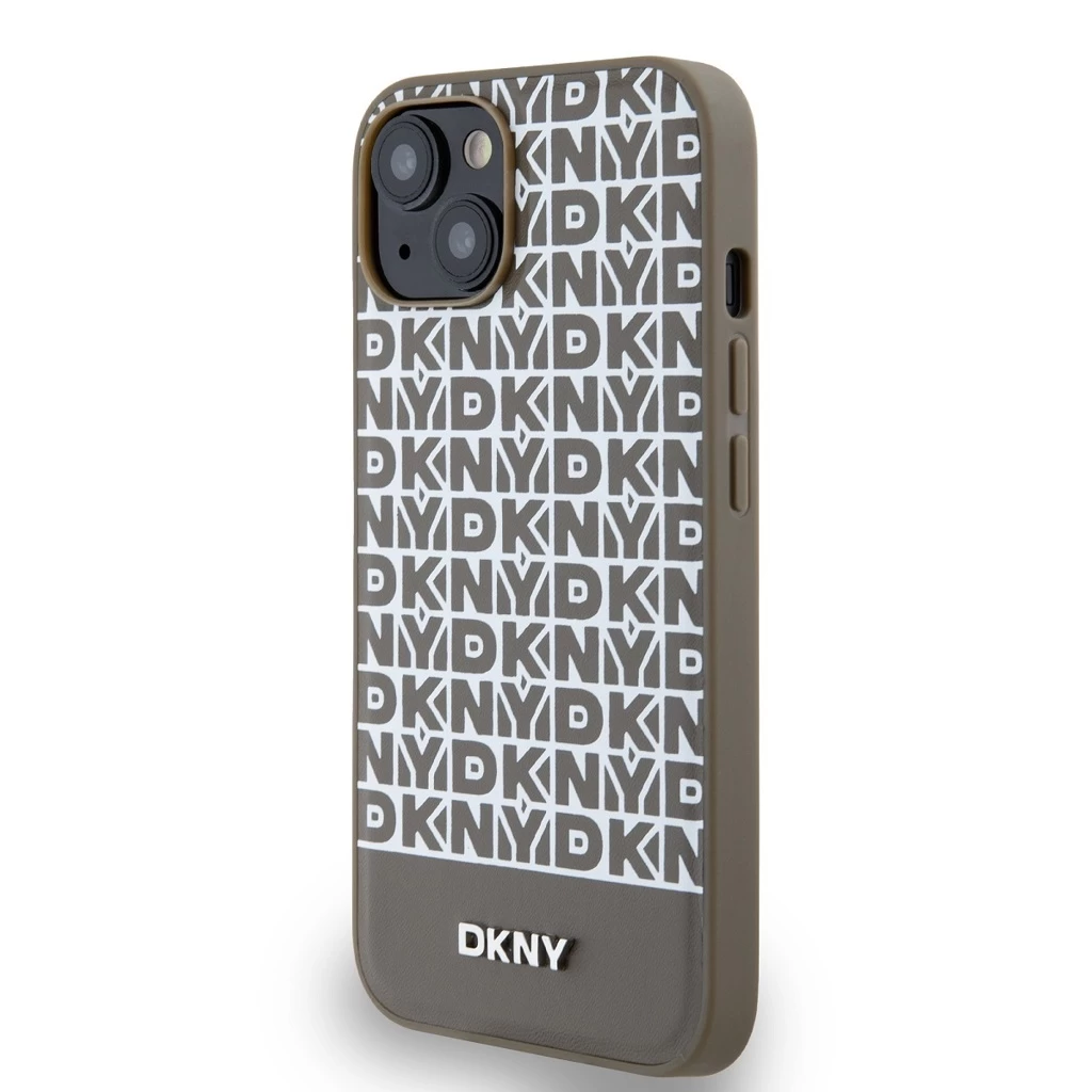 DKNY PU bőr Repeat Pattern Bottom Stripe MagSafe tok iPhone 15 készülékhez barna