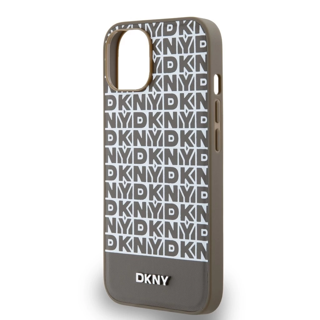 DKNY PU bőr Repeat Pattern Bottom Stripe MagSafe tok iPhone 15 készülékhez barna