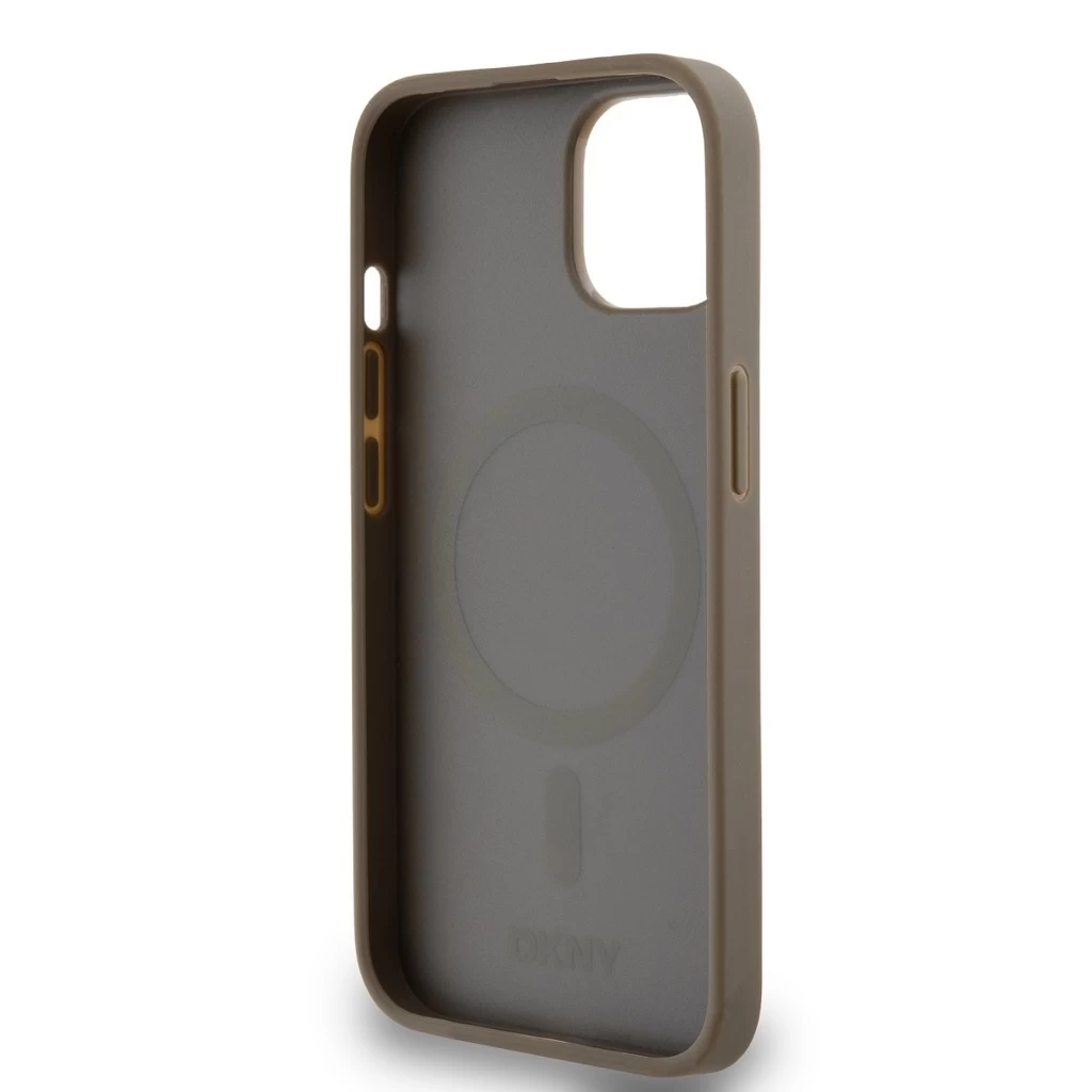 DKNY PU bőr Repeat Pattern Bottom Stripe MagSafe tok iPhone 15 készülékhez barna