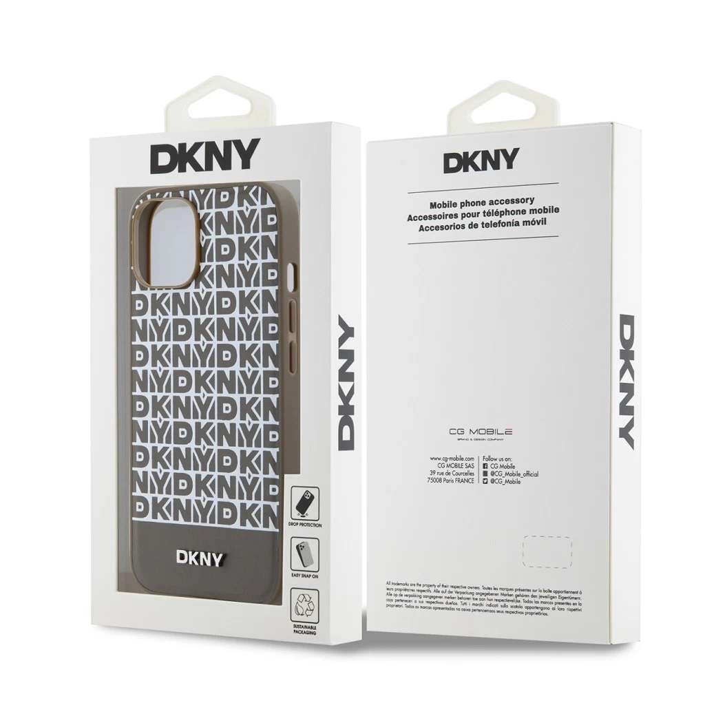 DKNY PU bőr Repeat Pattern Bottom Stripe MagSafe tok iPhone 15 készülékhez barna