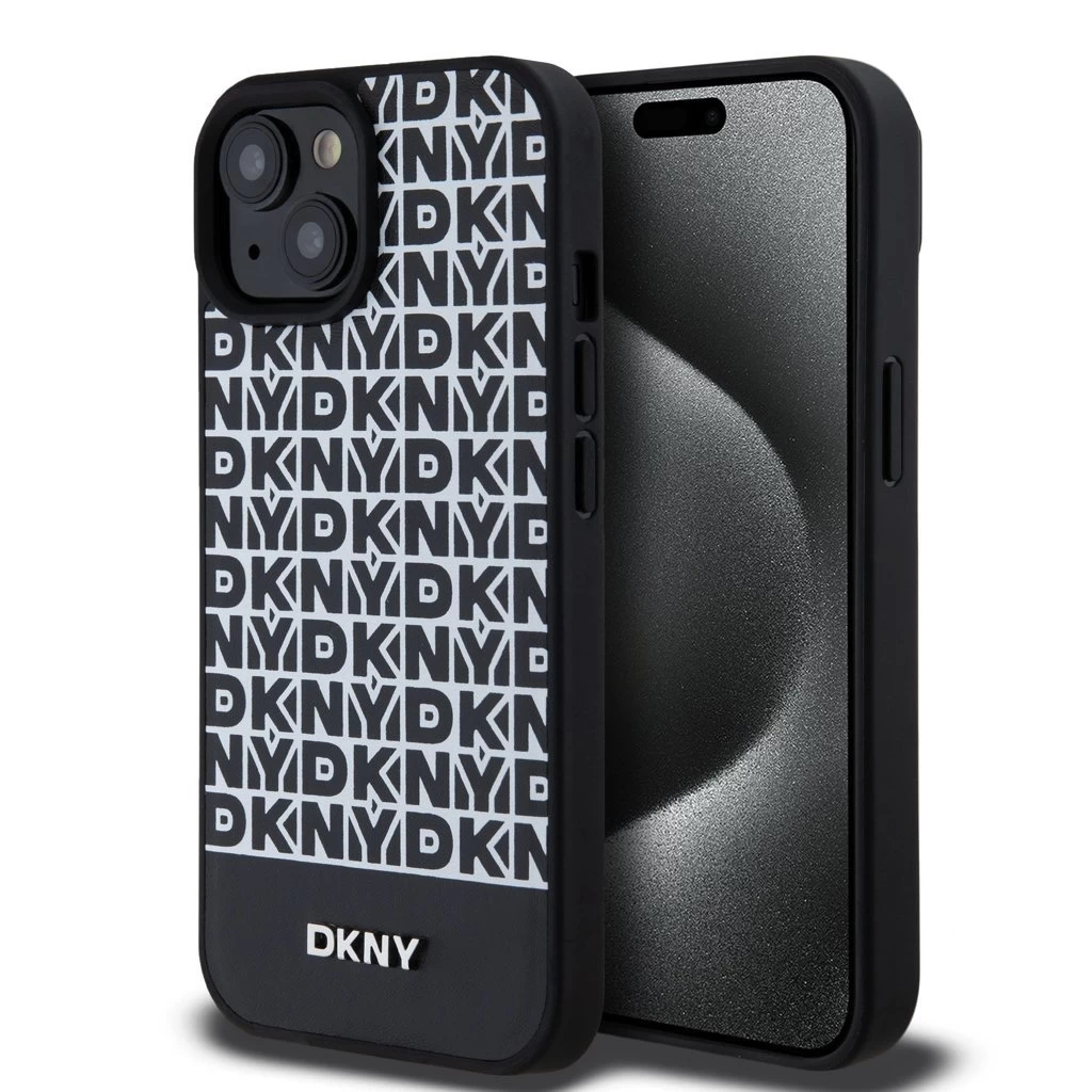 DKNY PU bőr Repeat Pattern Bottom Stripe MagSafe tok iPhone 15 készülékhez fekete