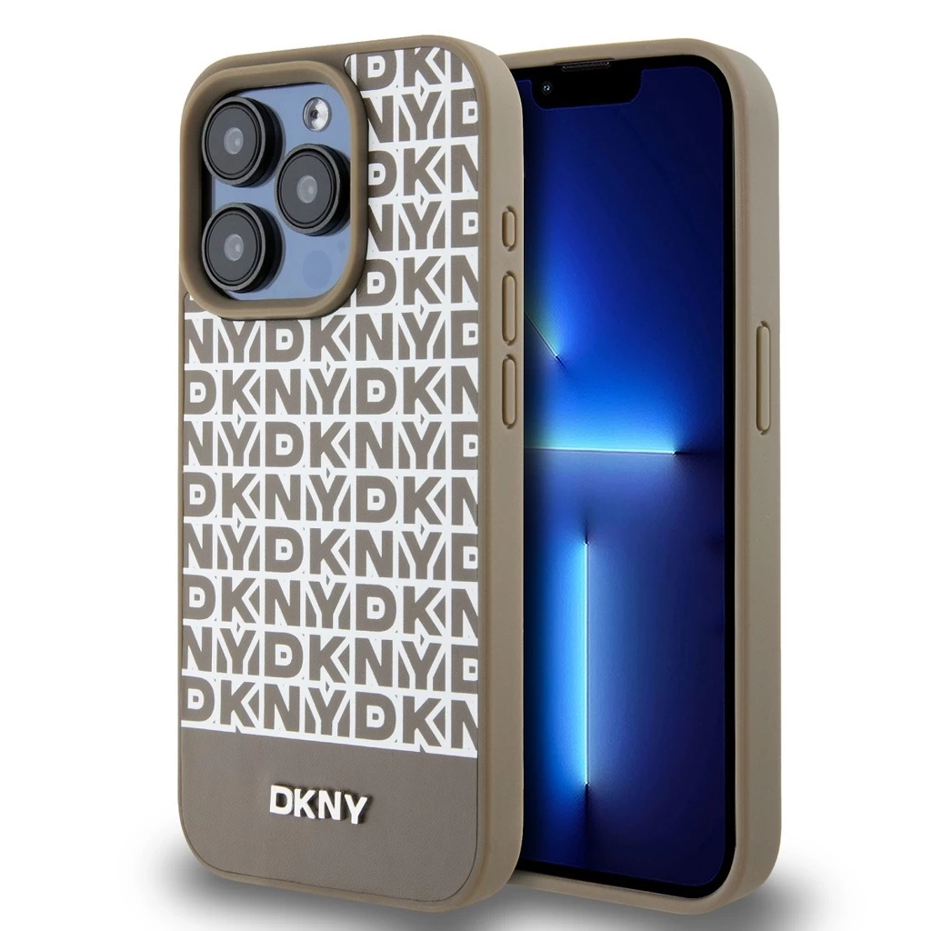 DKNY PU bőr Repeat Pattern Bottom Stripe MagSafe tok iPhone 15 Pro készülékhez barna