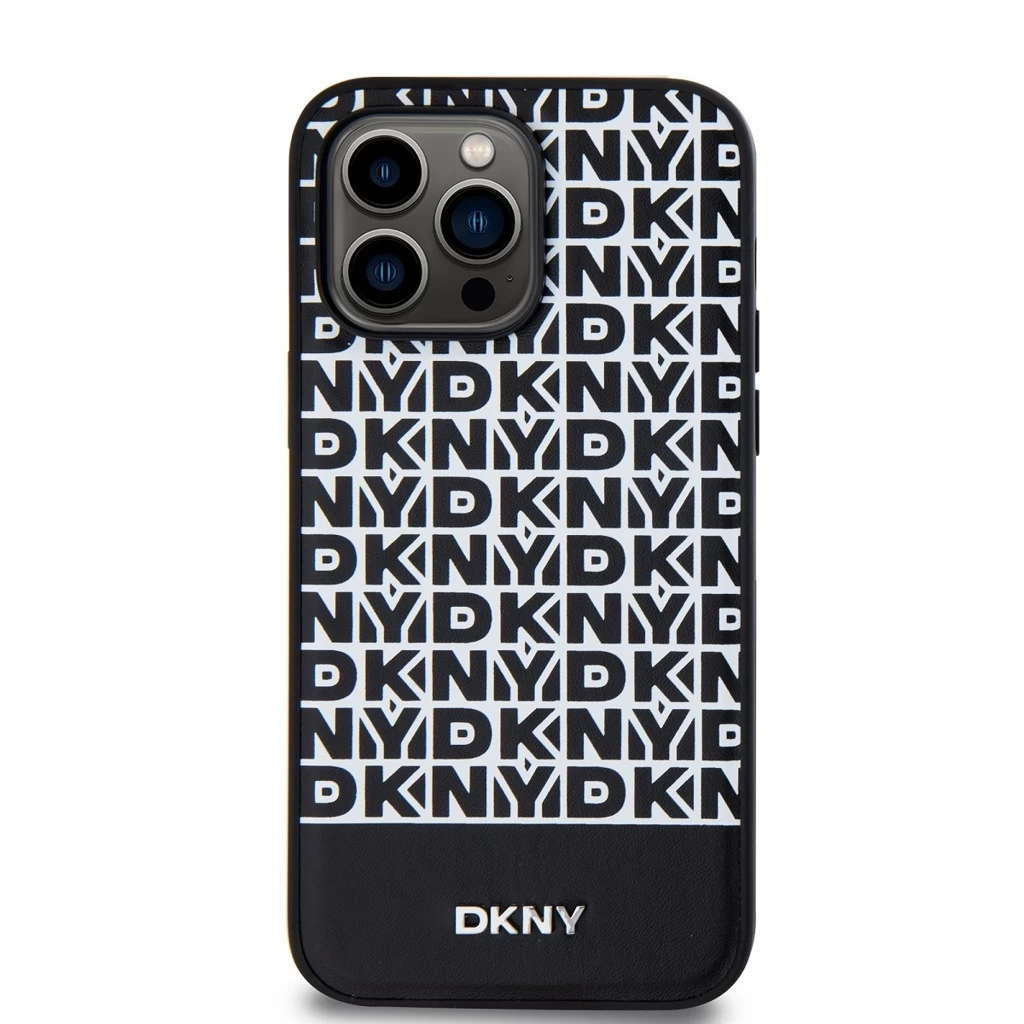 DKNY PU bőr Repeat Pattern Bottom Stripe MagSafe tok iPhone 15 Pro Max készülékhez fekete