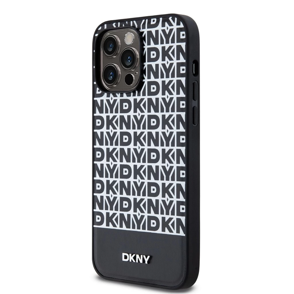 DKNY PU bőr Repeat Pattern Bottom Stripe MagSafe tok iPhone 15 Pro Max készülékhez fekete