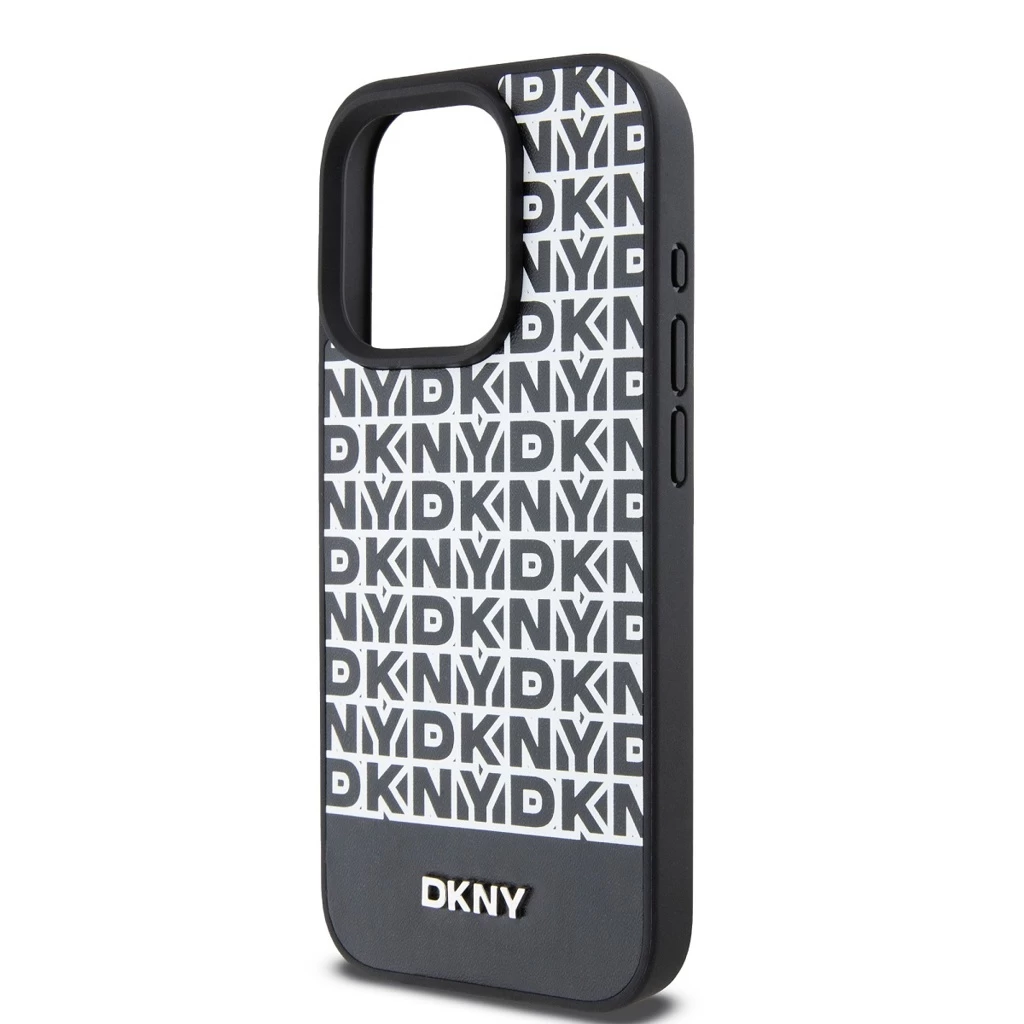 DKNY PU bőr Repeat Pattern Bottom Stripe MagSafe tok iPhone 15 Pro Max készülékhez fekete