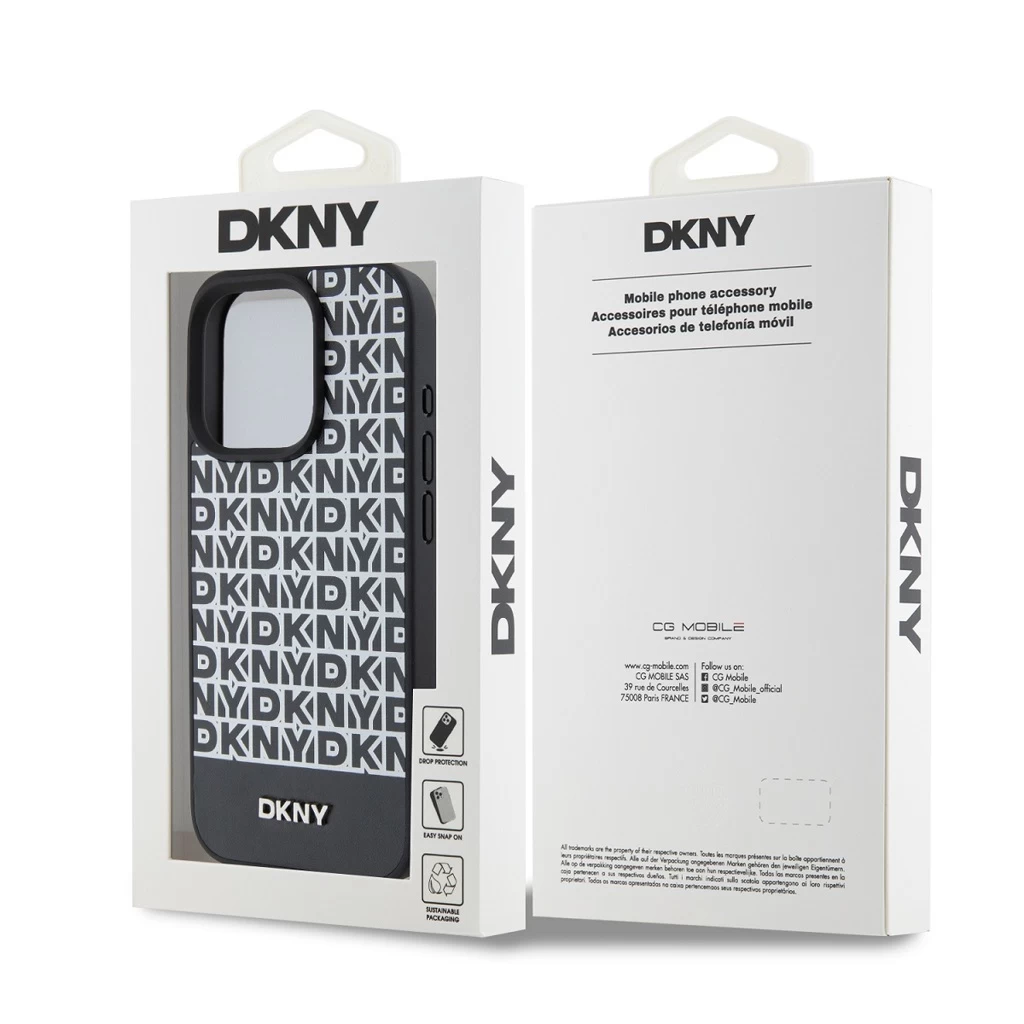 DKNY PU bőr Repeat Pattern Bottom Stripe MagSafe tok iPhone 15 Pro Max készülékhez fekete