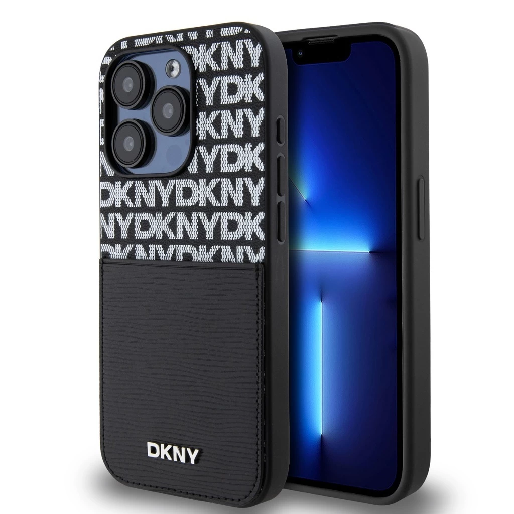 DKNY PU bőr Repeat Pattern Card Pocket tok iPhone 14 Pro készülékhez fekete
