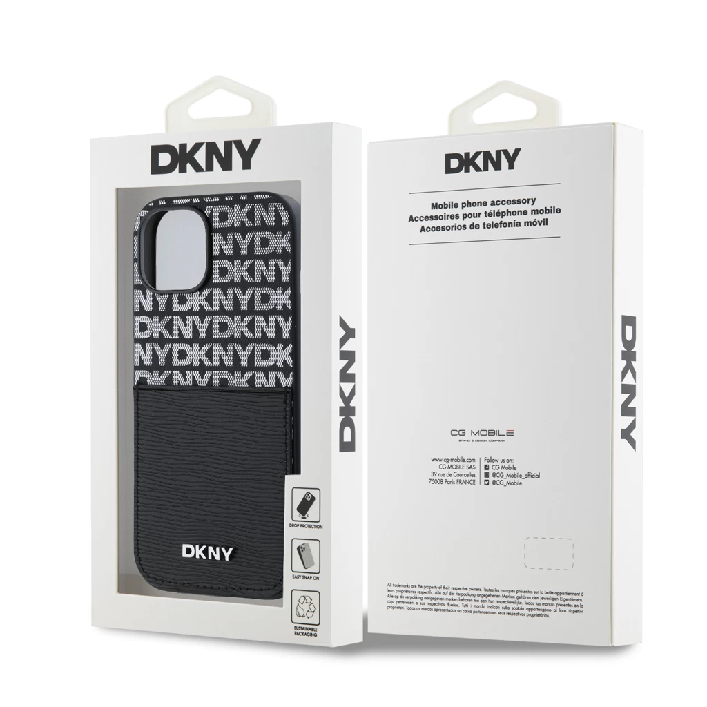 DKNY PU Leather Repeat Pattern kártyatartós tok iPhone 15 készülékhez fekete