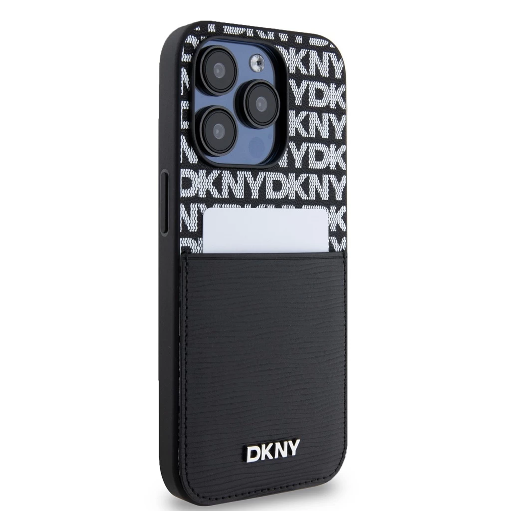 DKNY PU Leather Repeat Pattern kártya zsebes tok iPhone 15 Pro készülékhez fekete