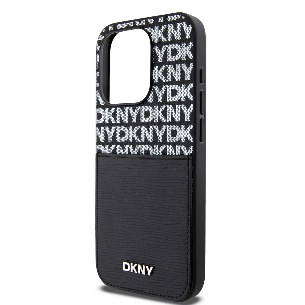 DKNY PU Leather Repeat Pattern kártya zsebes tok iPhone 15 Pro készülékhez fekete