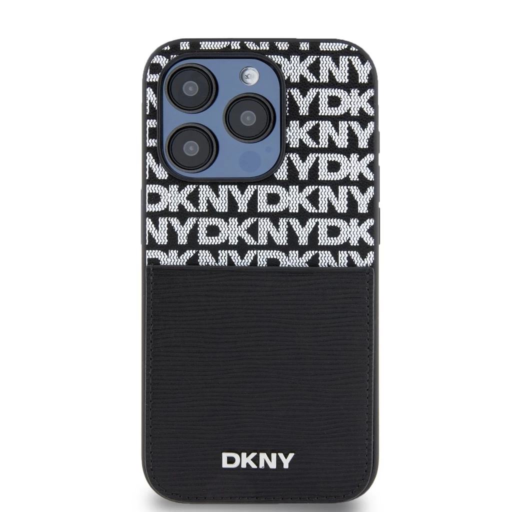 DKNY PU bőr Repeat Pattern Card Pocket Tok iPhone 15 Pro Max készülékhez fekete