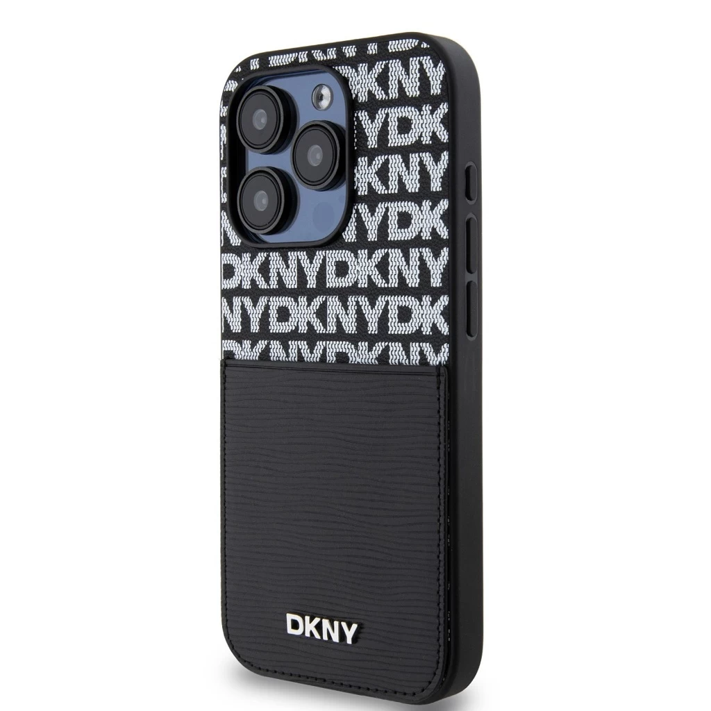 DKNY PU bőr Repeat Pattern Card Pocket Tok iPhone 15 Pro Max készülékhez fekete