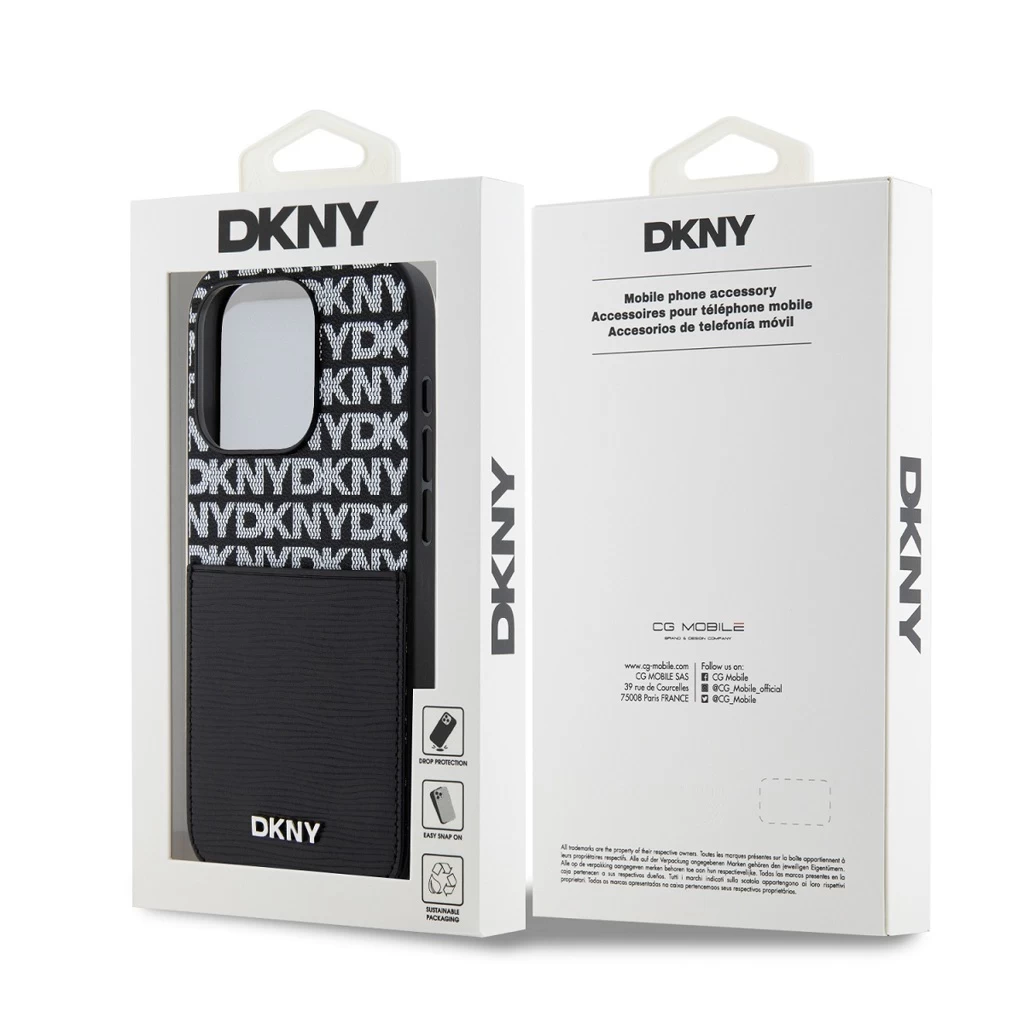 DKNY PU bőr Repeat Pattern Card Pocket Tok iPhone 15 Pro Max készülékhez fekete