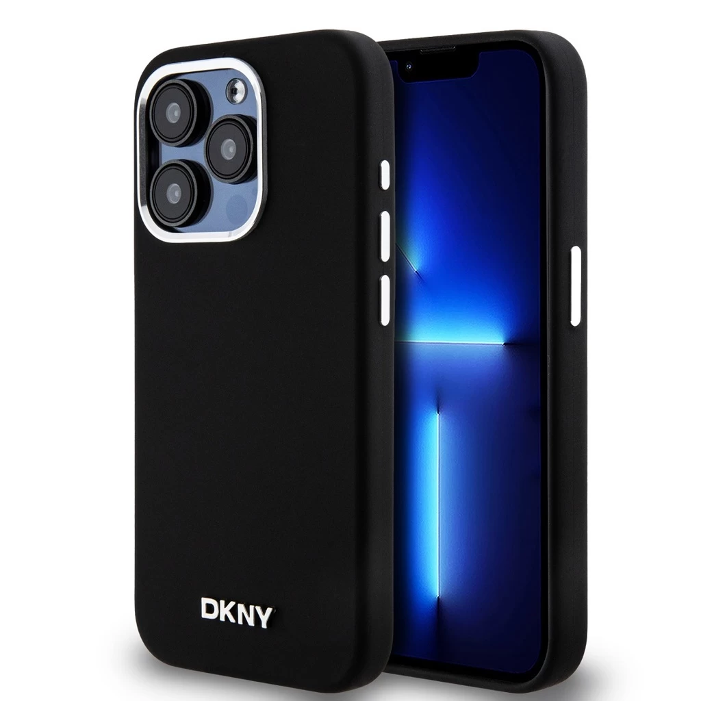 DKNY Liquid Silicone Silver Metal Logo MagSafe tok iPhone 15 Pro készülékhez fekete