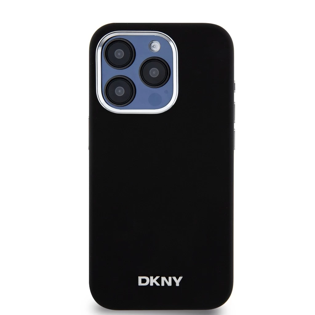 DKNY Liquid Silicone Silver Metal Logo MagSafe tok iPhone 15 Pro készülékhez fekete