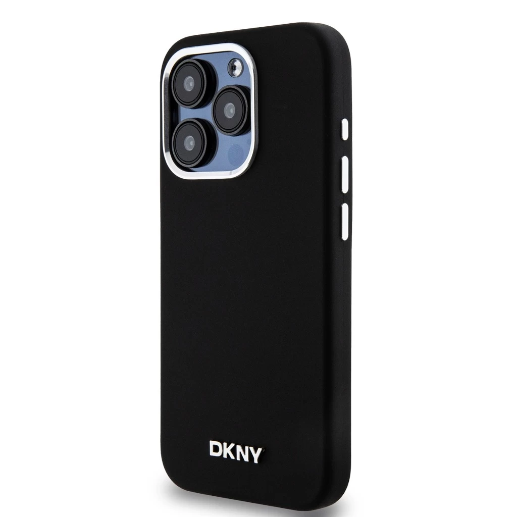 DKNY Liquid Silicone Silver Metal Logo MagSafe tok iPhone 15 Pro készülékhez fekete