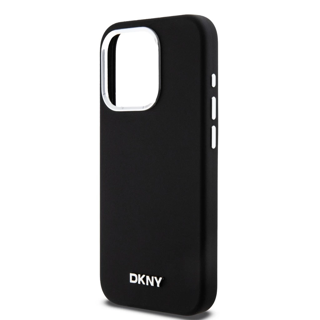 DKNY Liquid Silicone Silver Metal Logo MagSafe tok iPhone 15 Pro készülékhez fekete